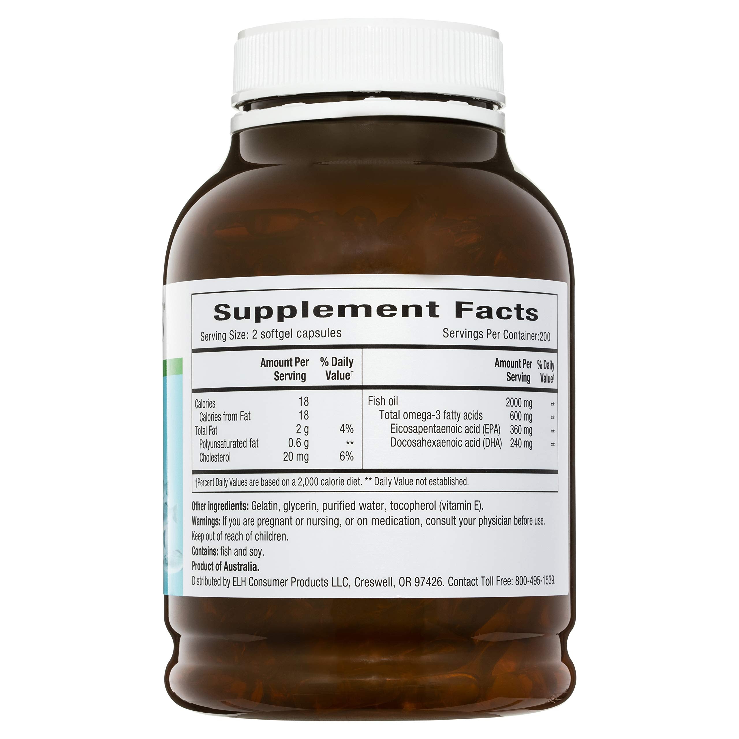 Label close-up displaying 1000 mg per capsule and omega-3 composition
