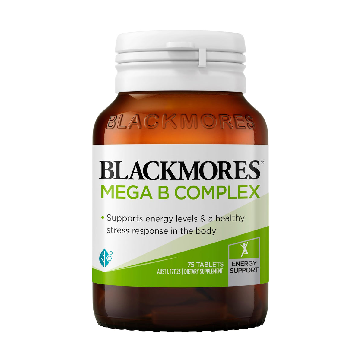 Blackmores Mega B Complex 75 bottle front signals high potency B vitamins for energy support