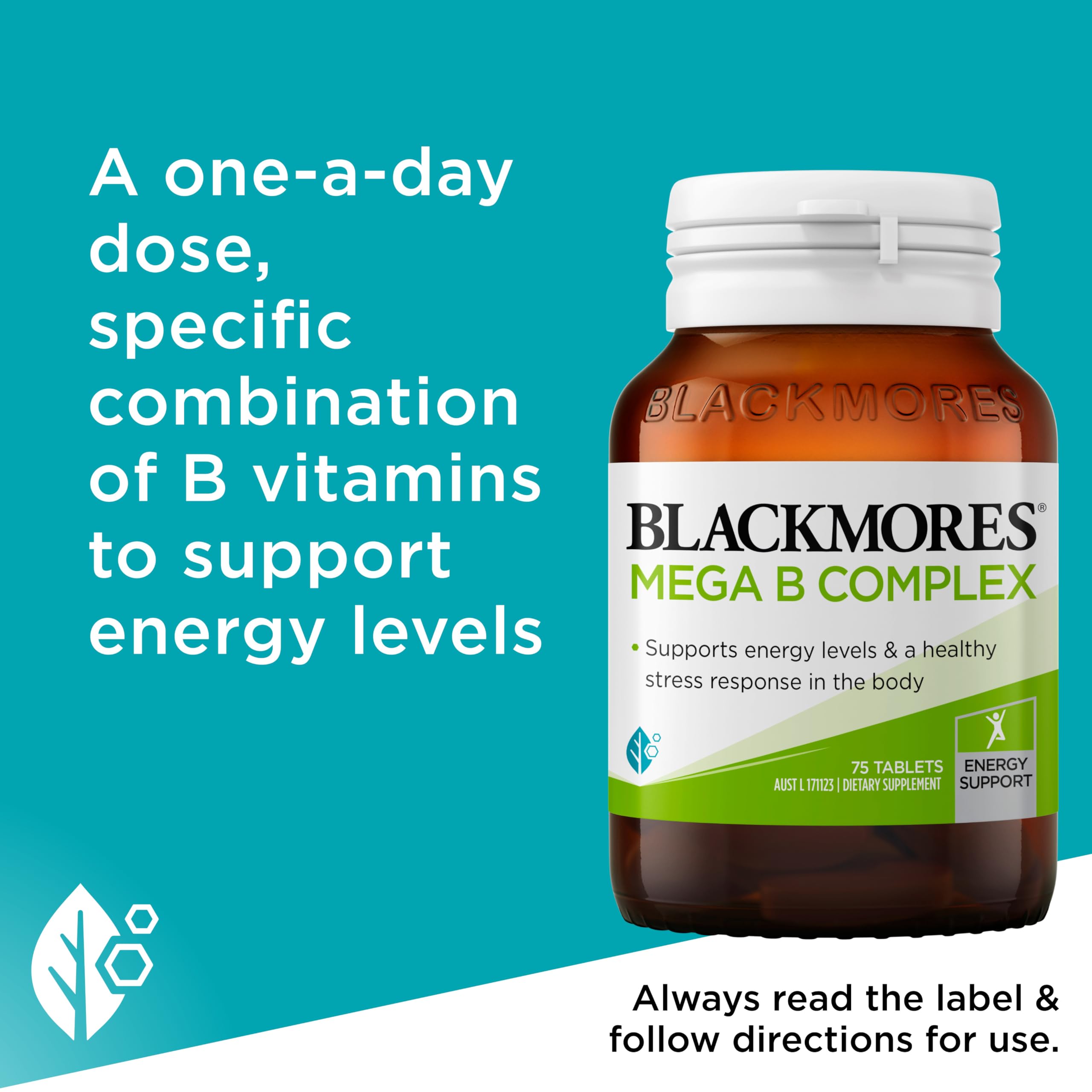 Blackmores Mega B Complex 75 packaging emphasizes complete B vitamin support