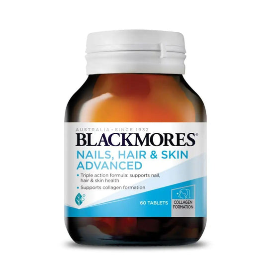 Blackmores Nails Hair Skin vitamins bottle, Australian-made daily beauty support.