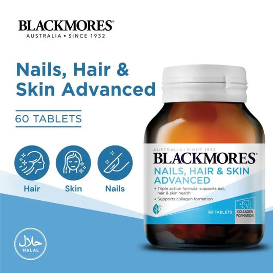 Close-up of nails with Blackmores Nails Hair Skin capsules suggesting strengthening benefits.