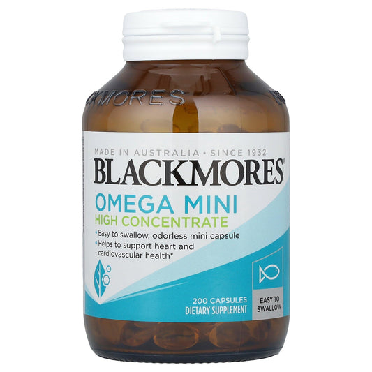 Blackmores Omega Mini bottle shows compact design for easy daily heart health support.