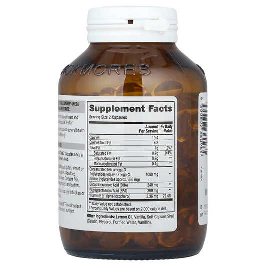 Blackmores Omega Mini capsule closeup highlights odorless, easy to swallow supplement.