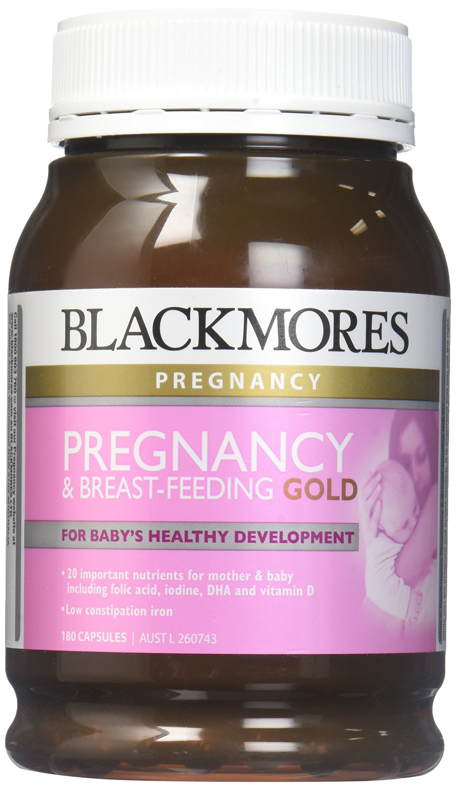 Blackmores Pregnancy & Breast Feeding Gold bottle on display, supporting daily prenatal nutrition.