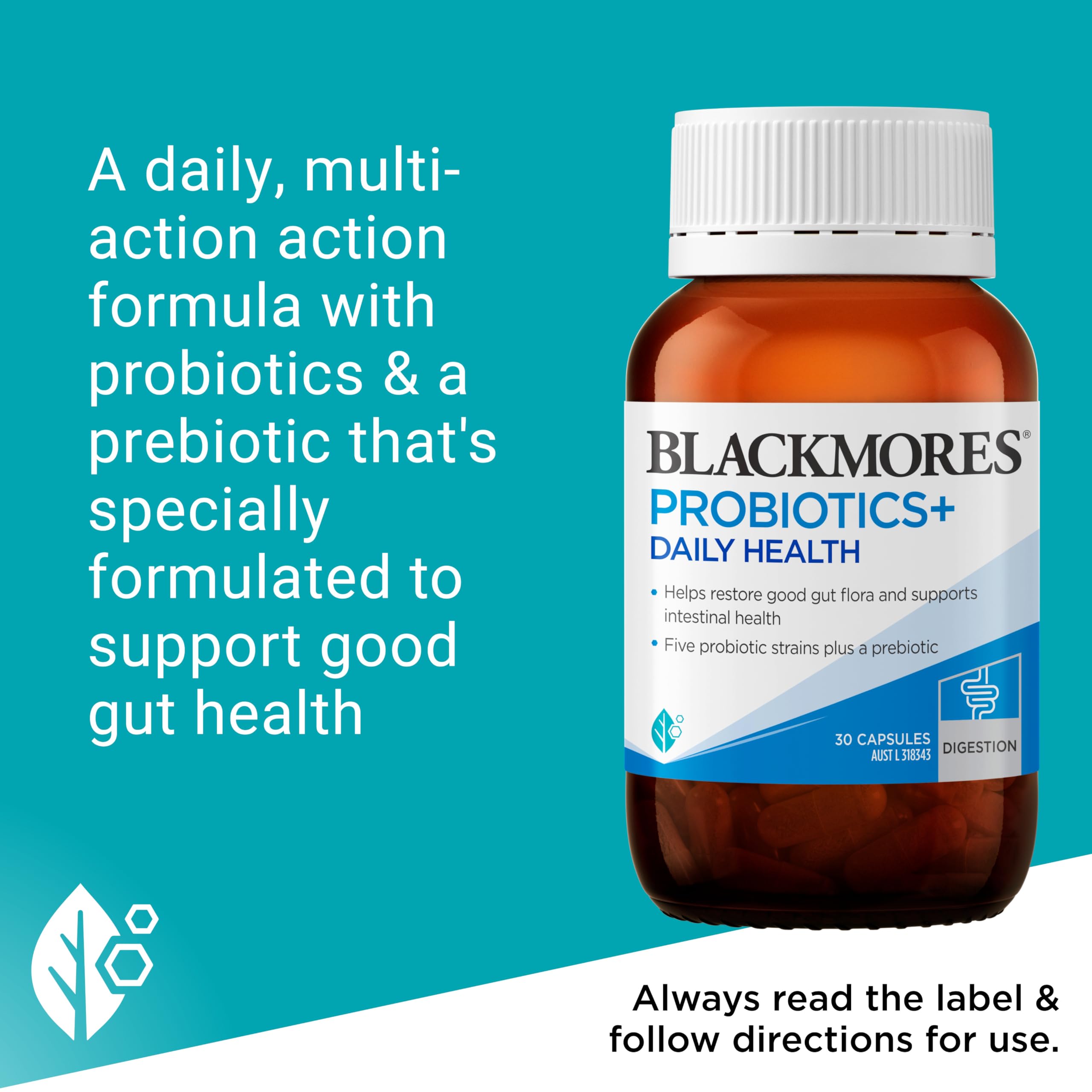 Blackmores Probiotics+ Daily Health bottle back with strain information.
