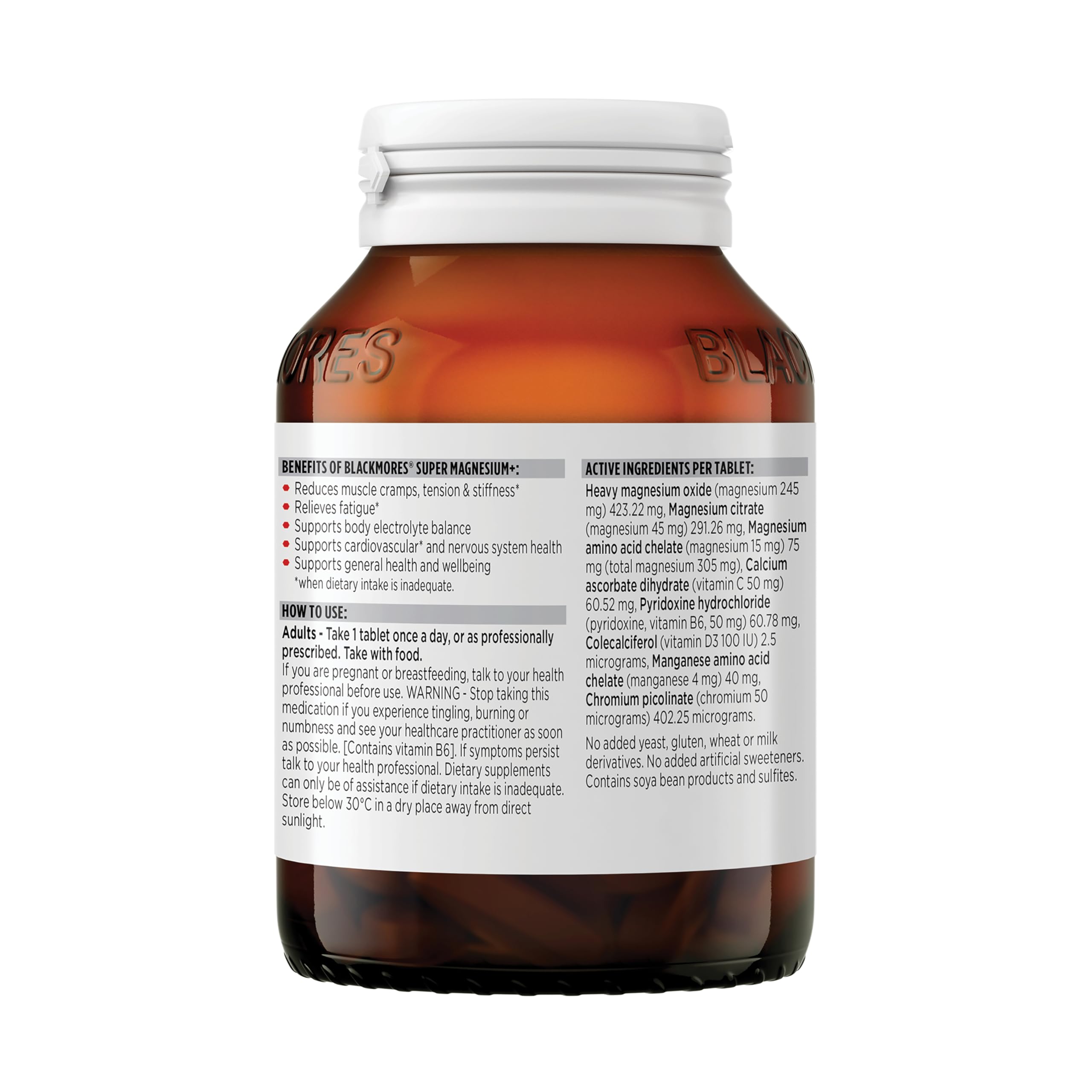 Blackmores Super Magnesium Plus bottle back label with ingredients and directions