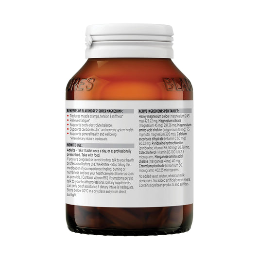 Blackmores Super Magnesium Plus bottle back label with ingredients and directions
