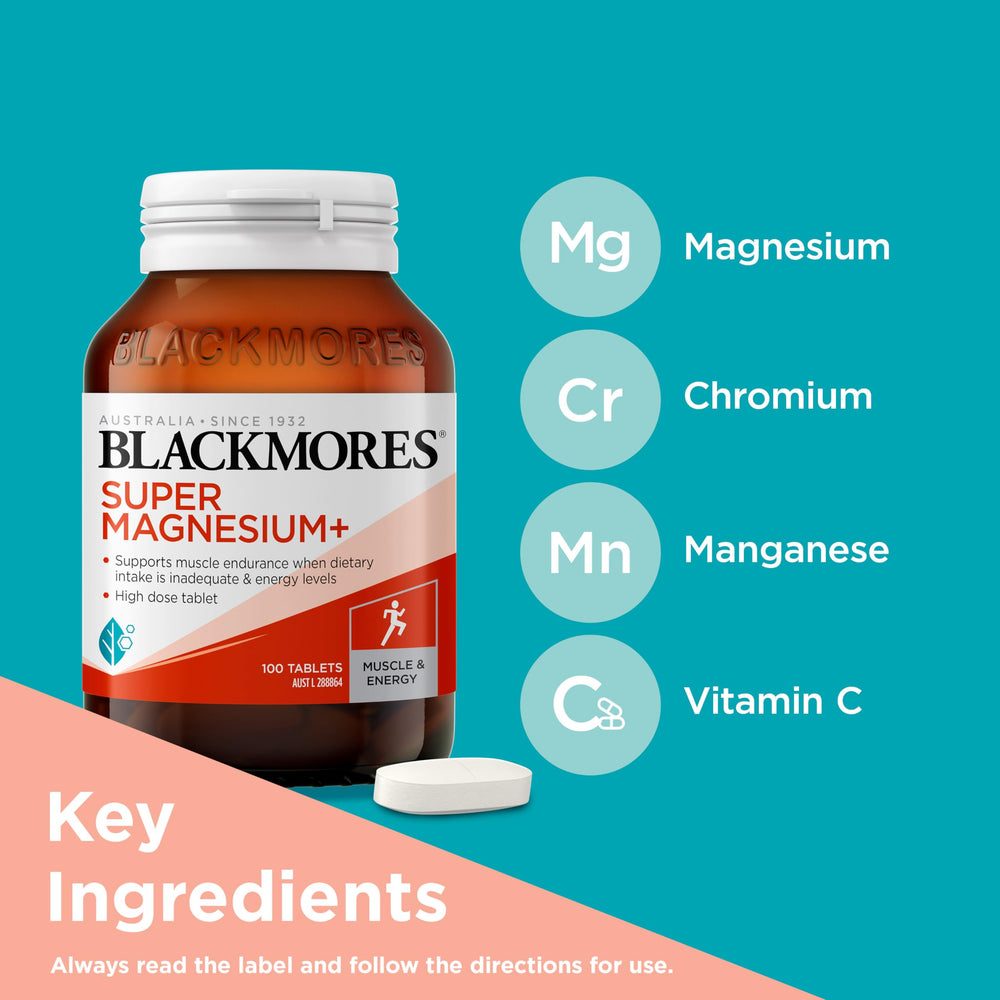 Box and dosage label of Blackmores Super Magnesium Plus highlights one-a-day use