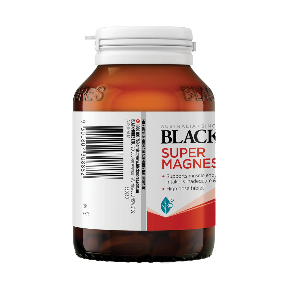 Close-up of Blackmores Super Magnesium Plus tablets highlighting strength