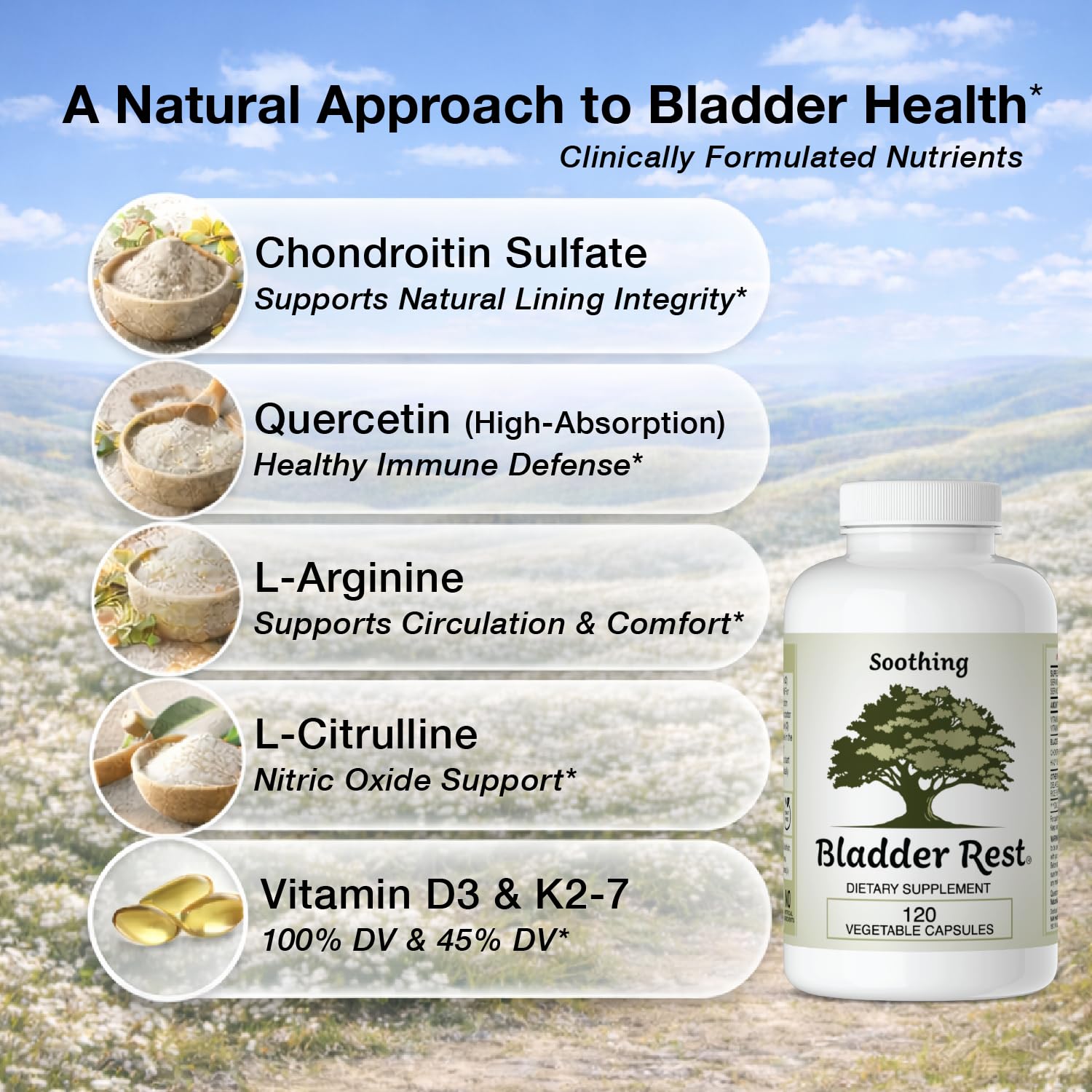 Bladder Rest capsule image highlighting L-Arginine and L-Citrulline components.