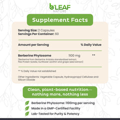 B’Leaf Nature Berberine Phytosome bottle back label with ingredients.