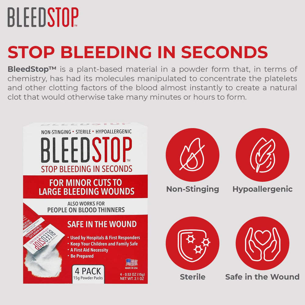 BleedStop powder in emergency kit ready for camping or travel.