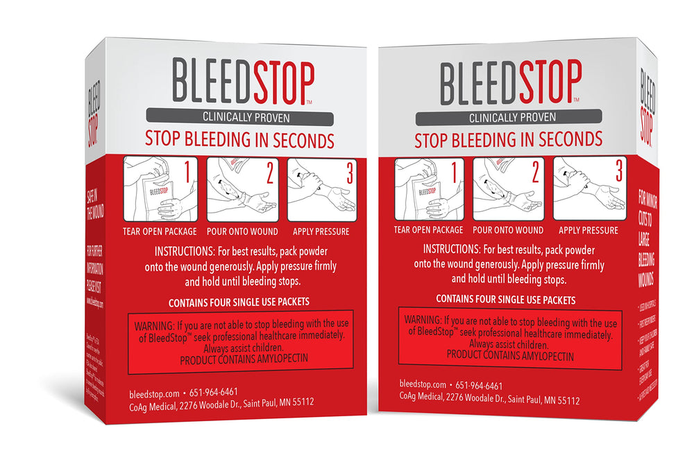 BleedStop first-aid powder application on wound shows safe, practical bleeding management.