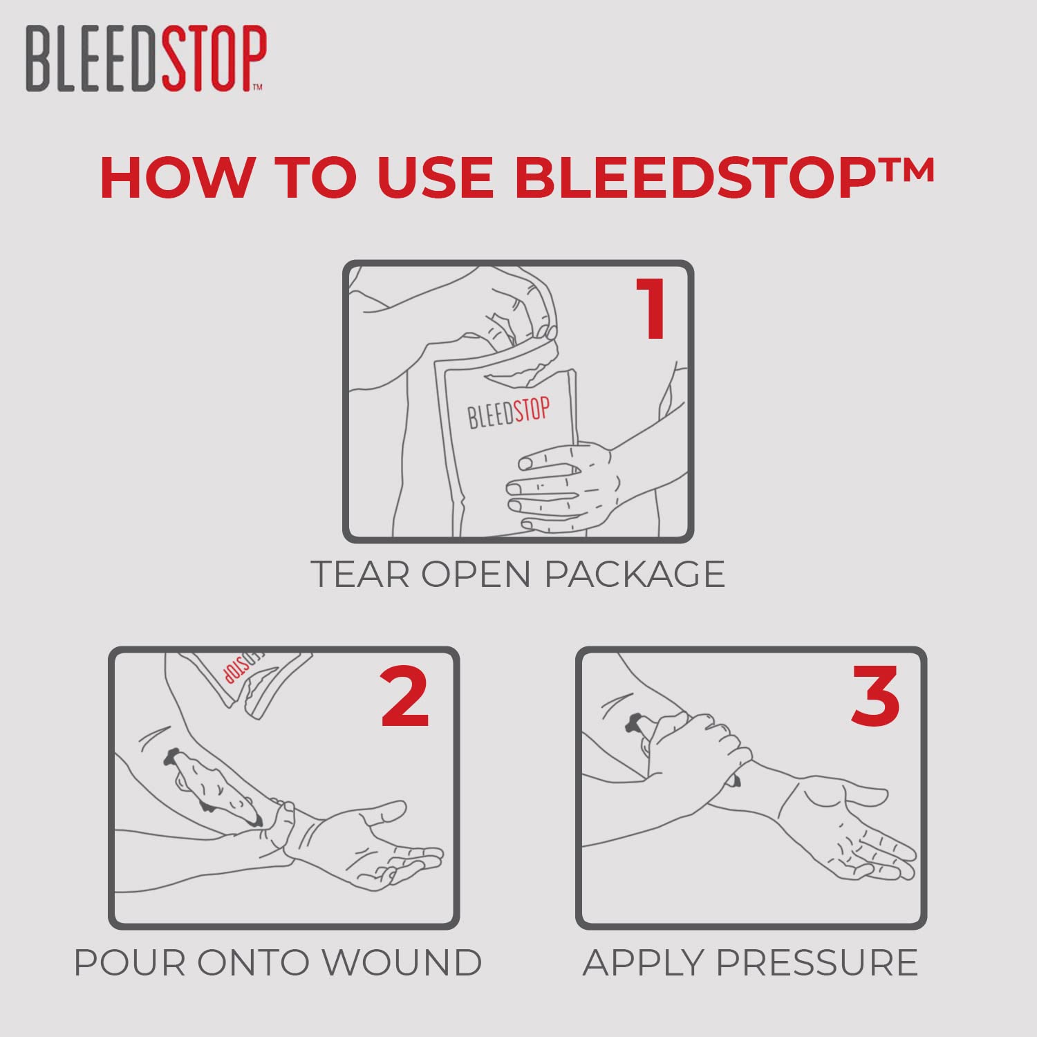 BleedStop powder bottle label closeup highlights portable 15g size for on-the-go emergencies.