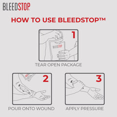 BleedStop powder bottle label closeup highlights portable 15g size for on-the-go emergencies.