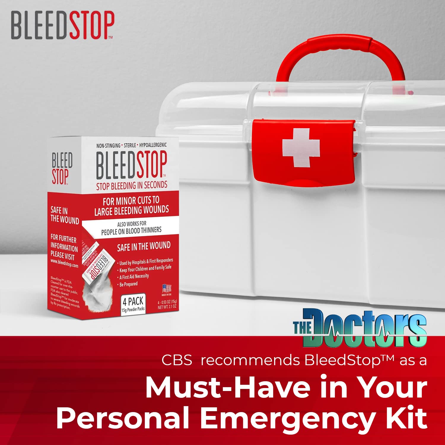 BleedStop powder dispense on surface before pressure aids rapid wound care.