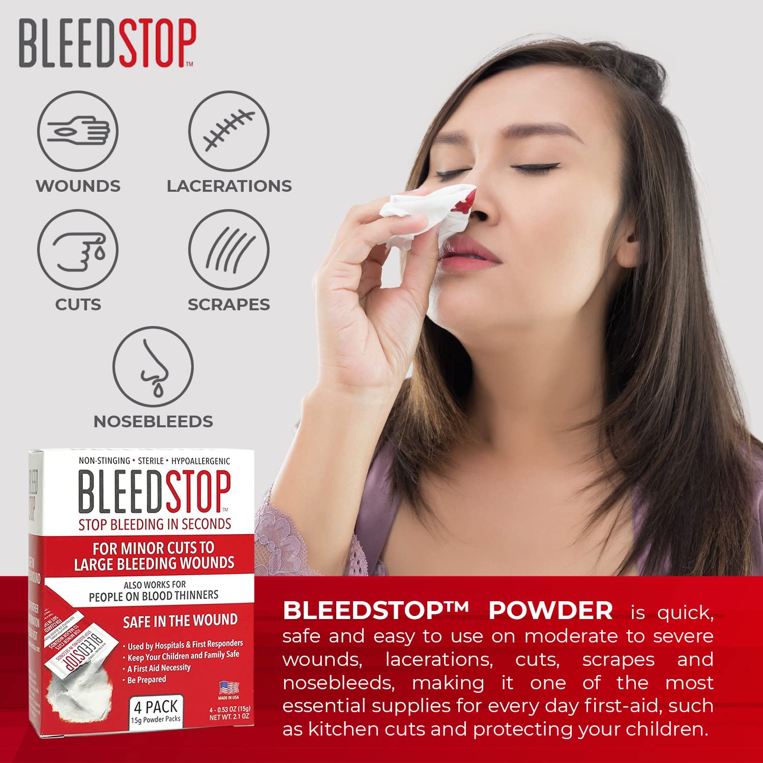 BleedStop safety-focused powder offers quick, non-stinging support for minor bleeds.