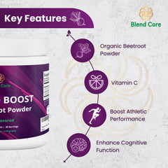 Blend Core Beet Boost berry powder tub ready for quick energy