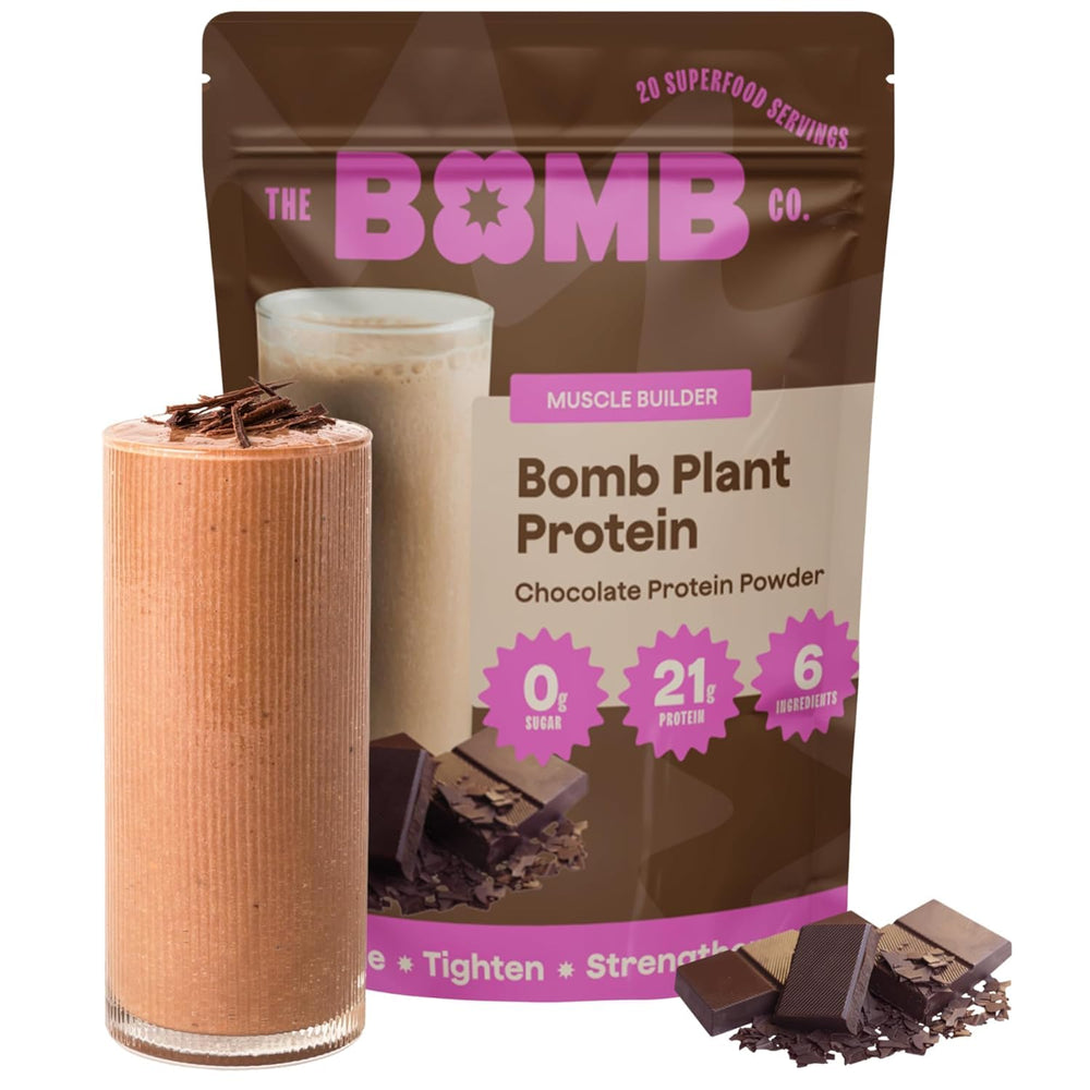 Blender Bombs Bomb Plant Protein bottle front shows quick plant-based protein boost