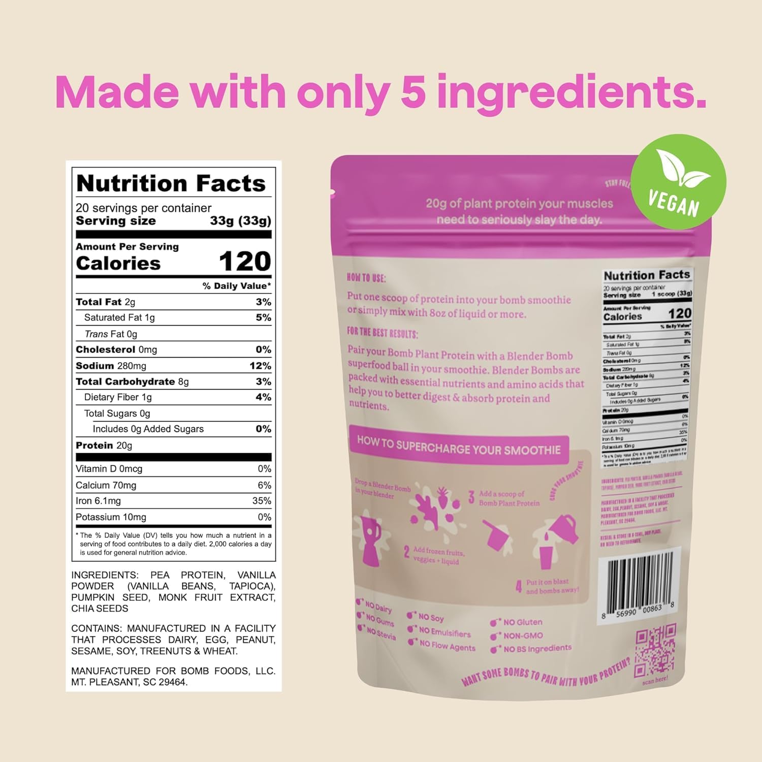 Blender Bombs Bomb Plant Protein pea protein base with complete amino profile.