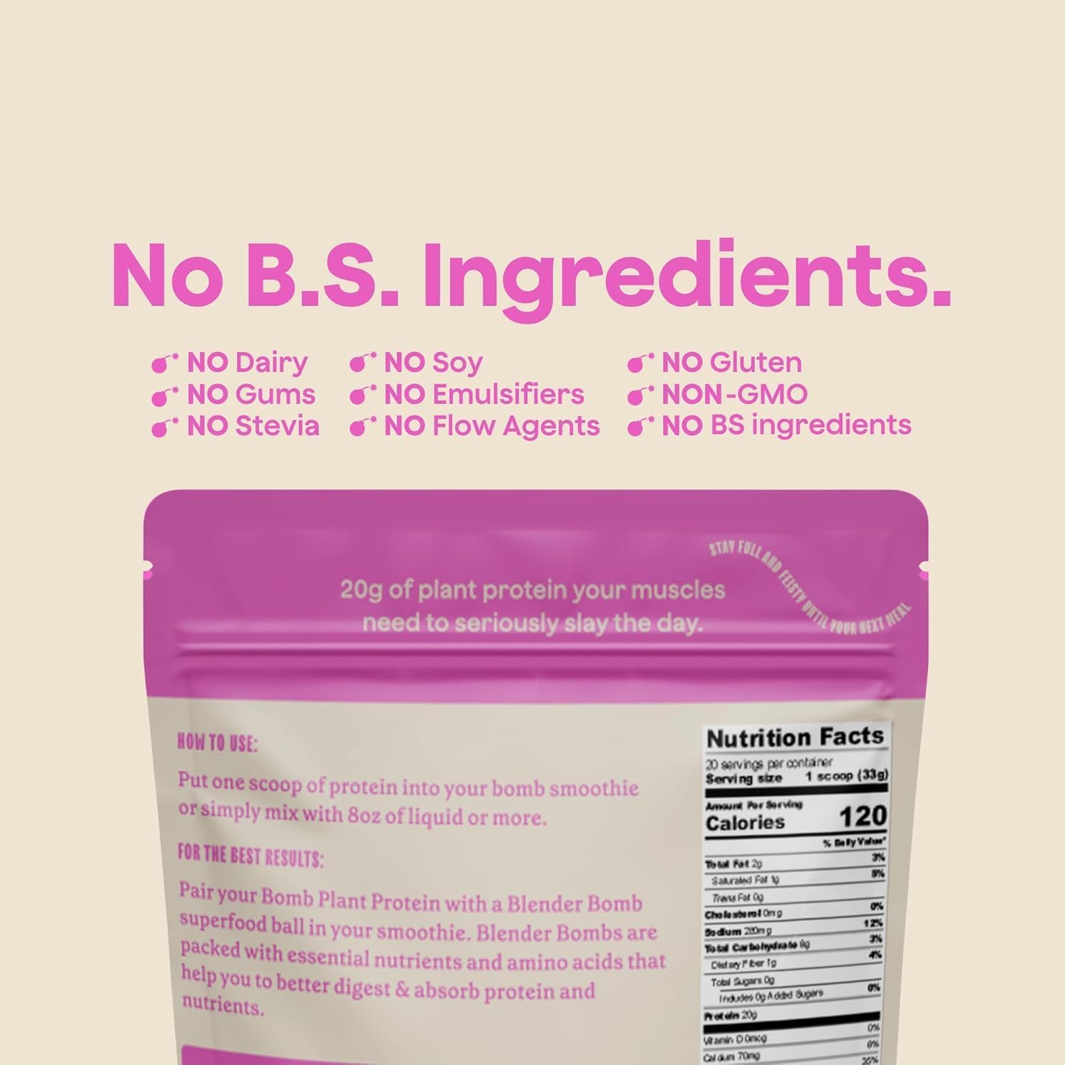 Blender Bombs Bomb Plant Protein scoop beside vanilla powder for easy measurement.