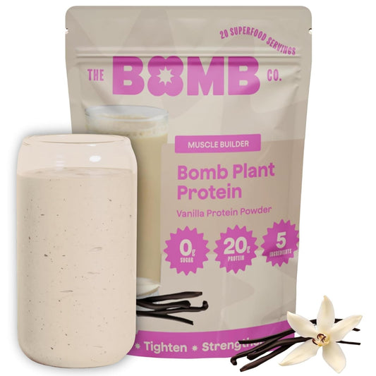 Blender Bombs Bomb Plant Protein vanilla tub shows 20g protein per serving for smoothies.