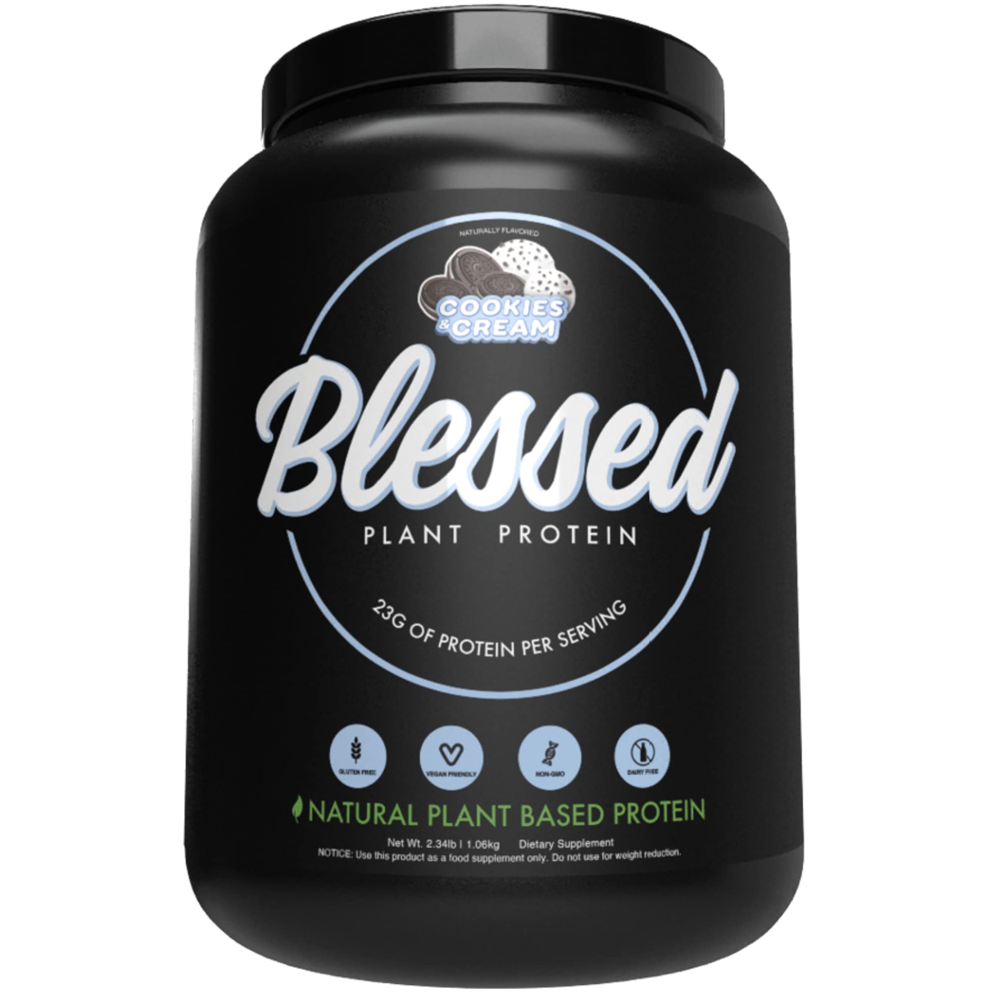 BLESSED Cookies & Cream vegan protein powder tub front, a dairy-free option for everyday protein.