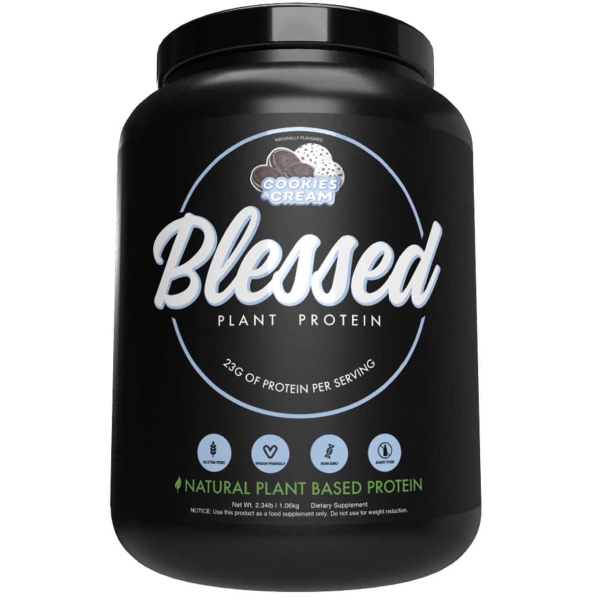 BLESSED Cookies & Cream vegan protein powder tub front, a dairy-free option for everyday protein.