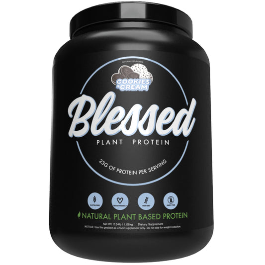 BLESSED Cookies & Cream vegan protein powder tub front, a dairy-free option for everyday protein.