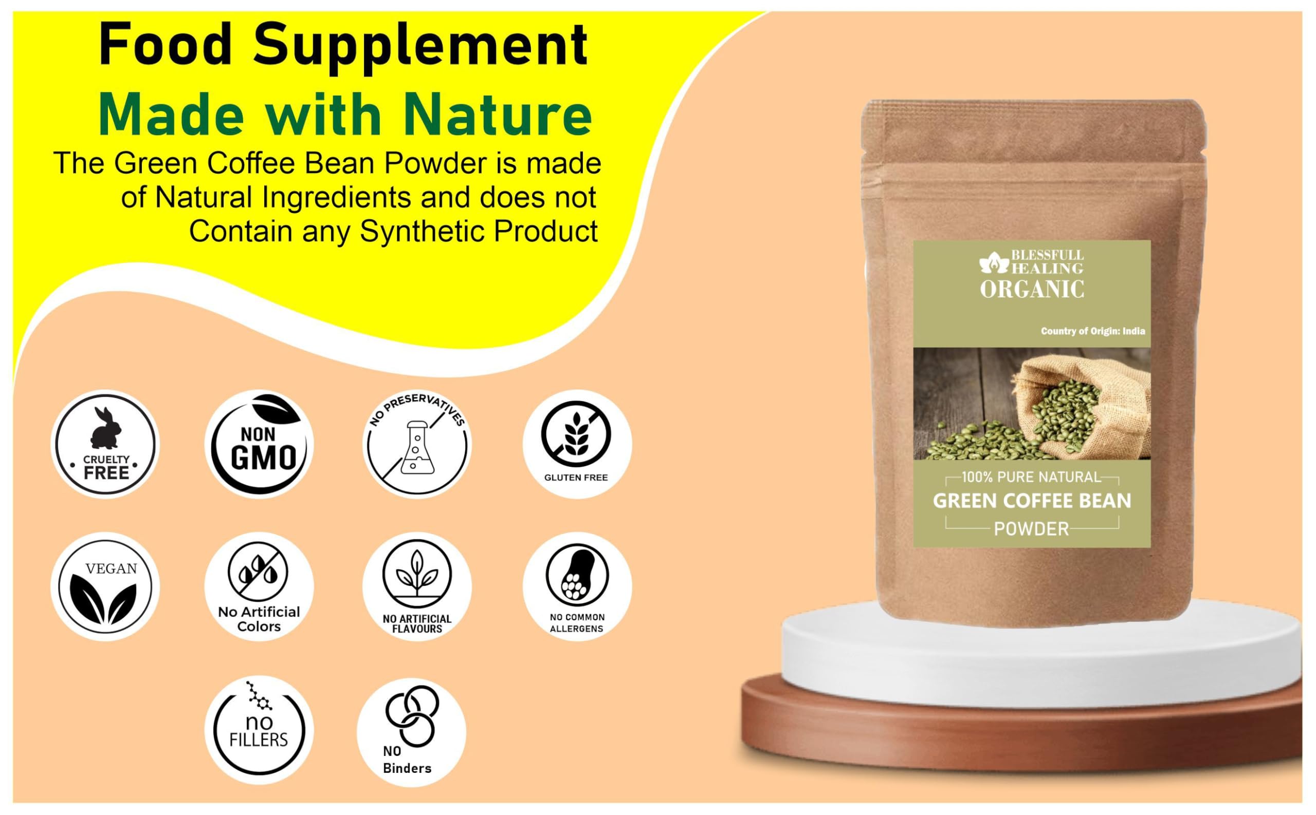 Blessfull Healing green coffee bean powder packaging; easy to store and grab.