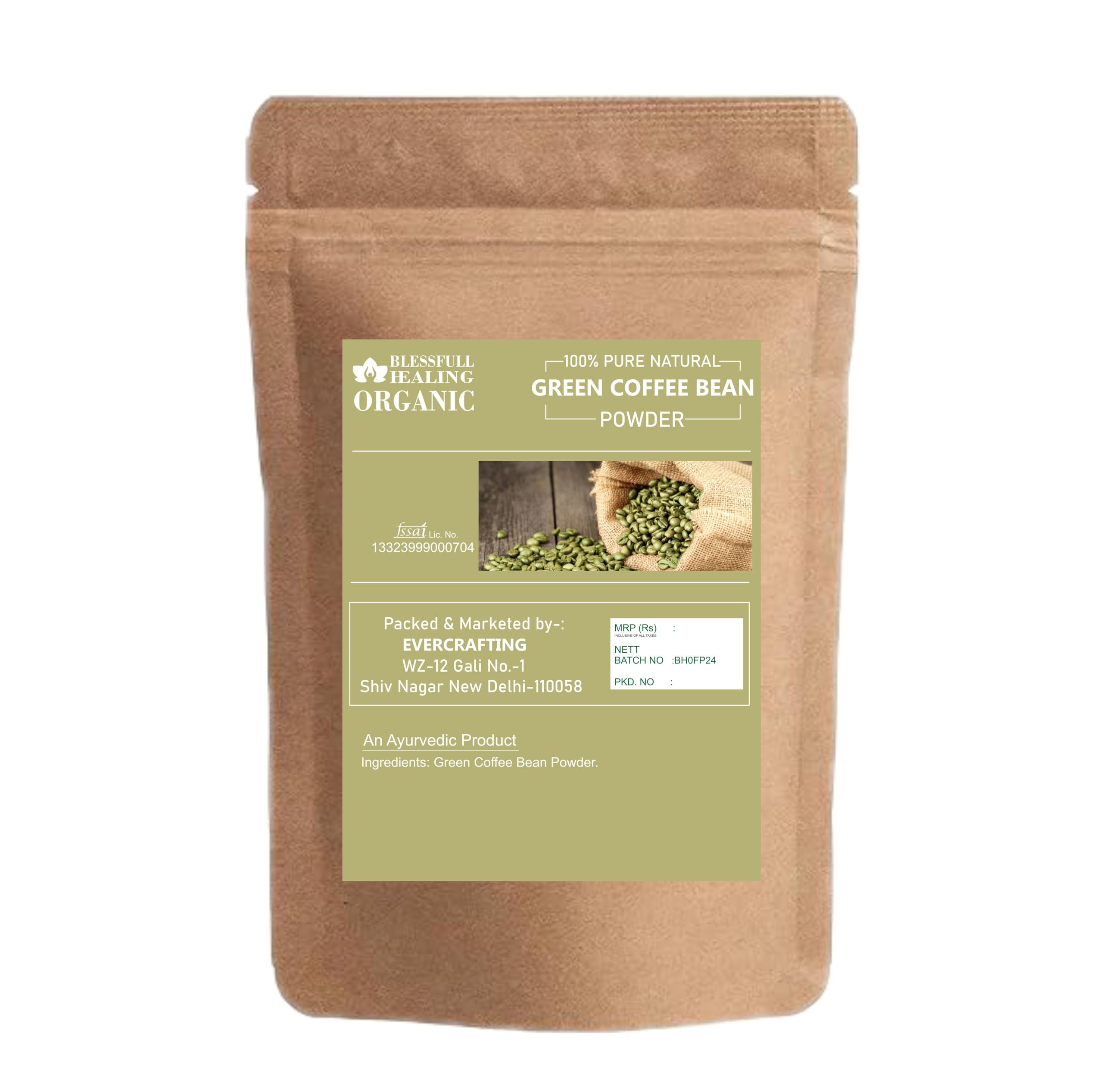 Blessfull Healing green coffee bean powder with a scoop; convenient measuring for quick shakes.