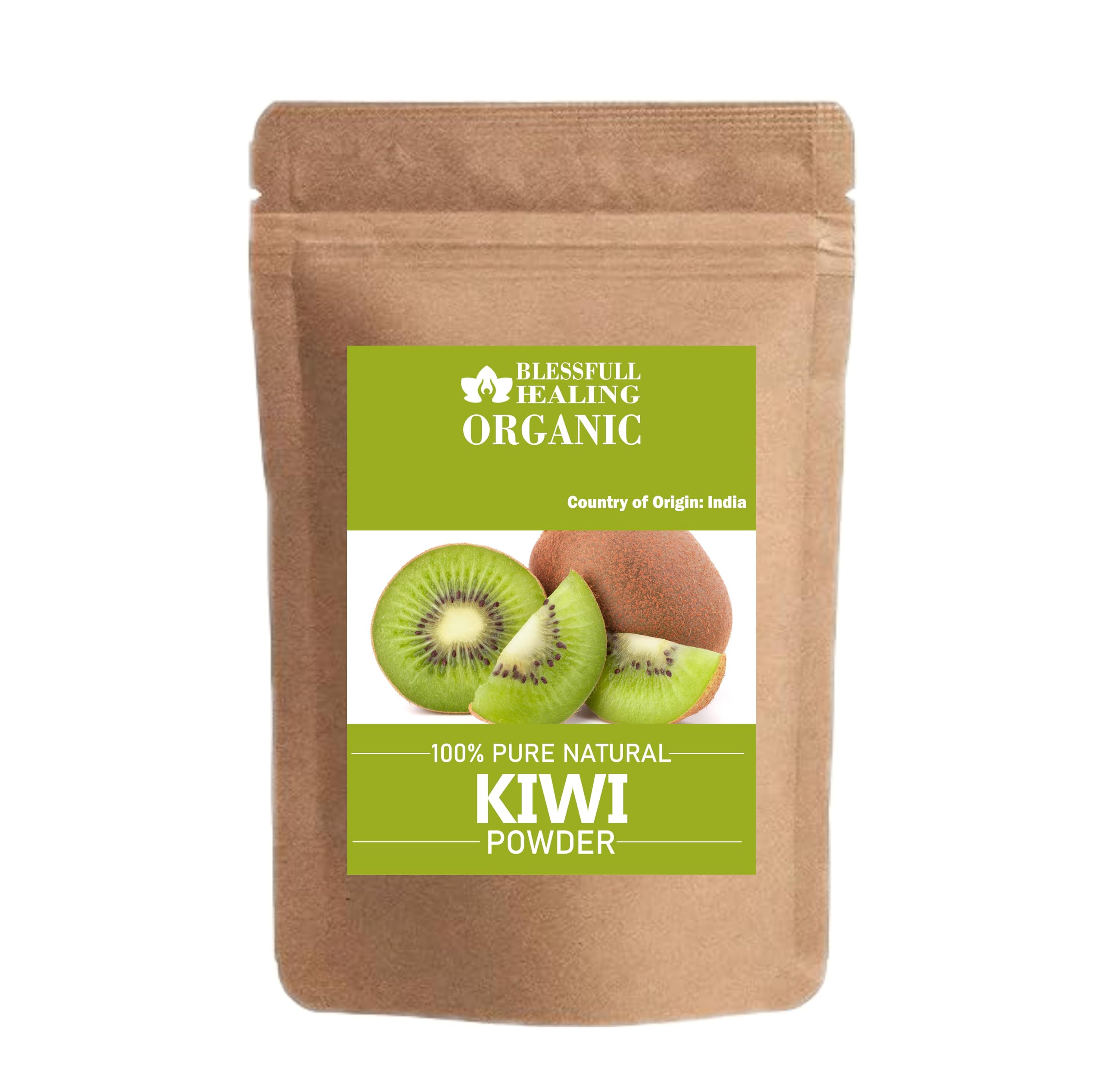 Blessfull Healing kiwi powder jar front view, premium natural supplement for smoothies.