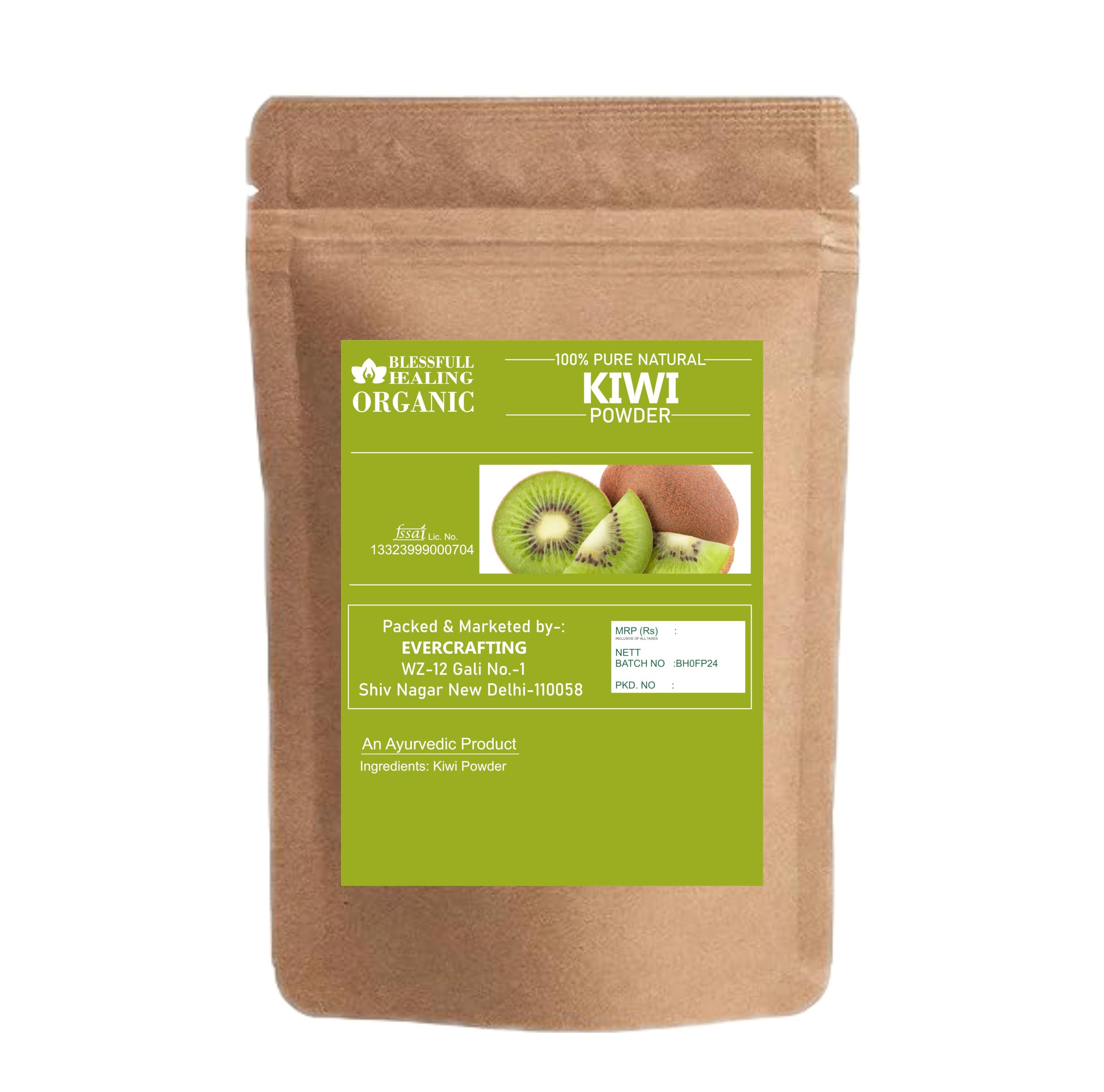 Blessfull Healing kiwi powder scoop resting on counter, measuring ideal portions.