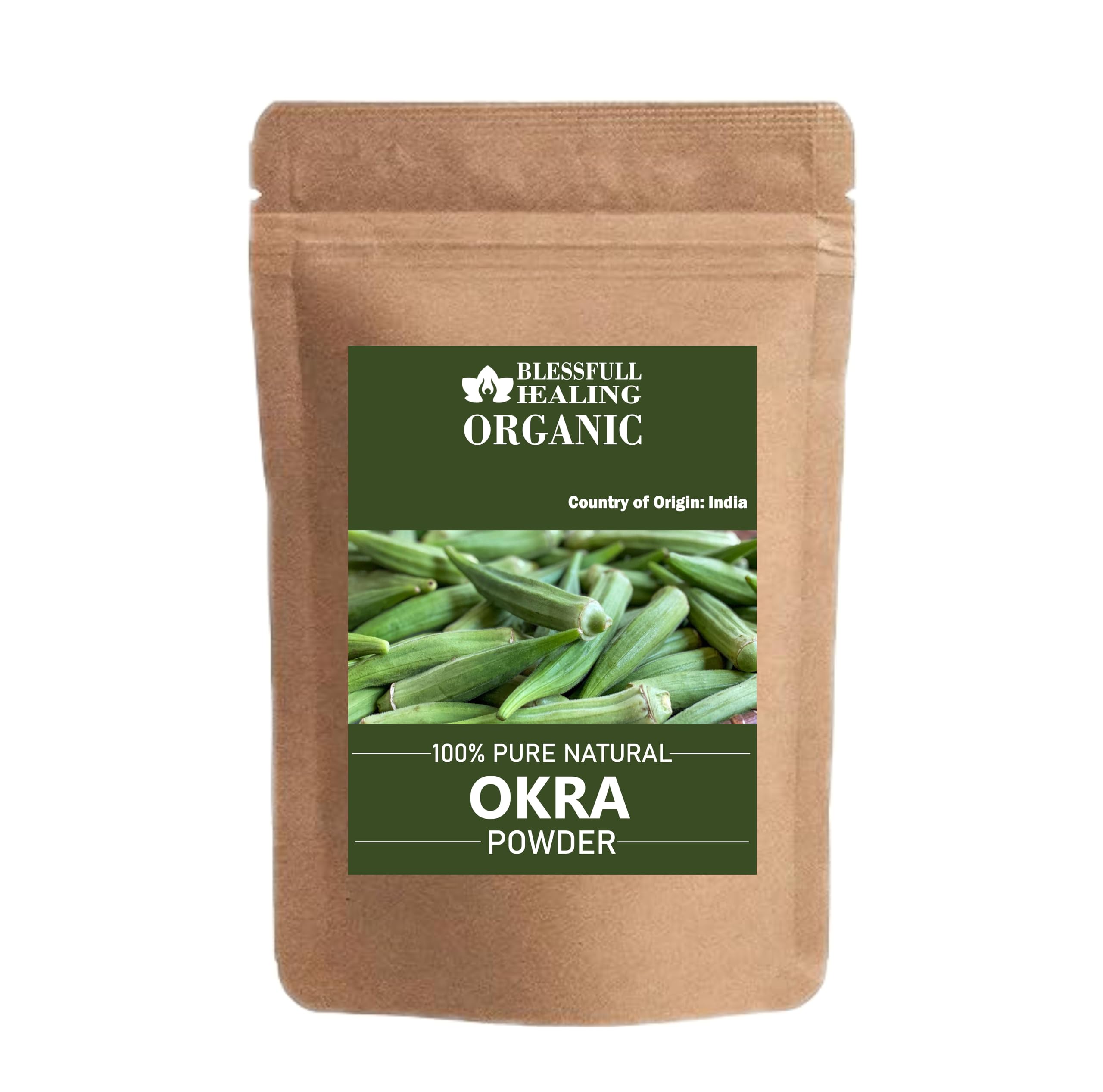 Blessfull Healing Okra Powder bottle on kitchen counter, ready for cooking