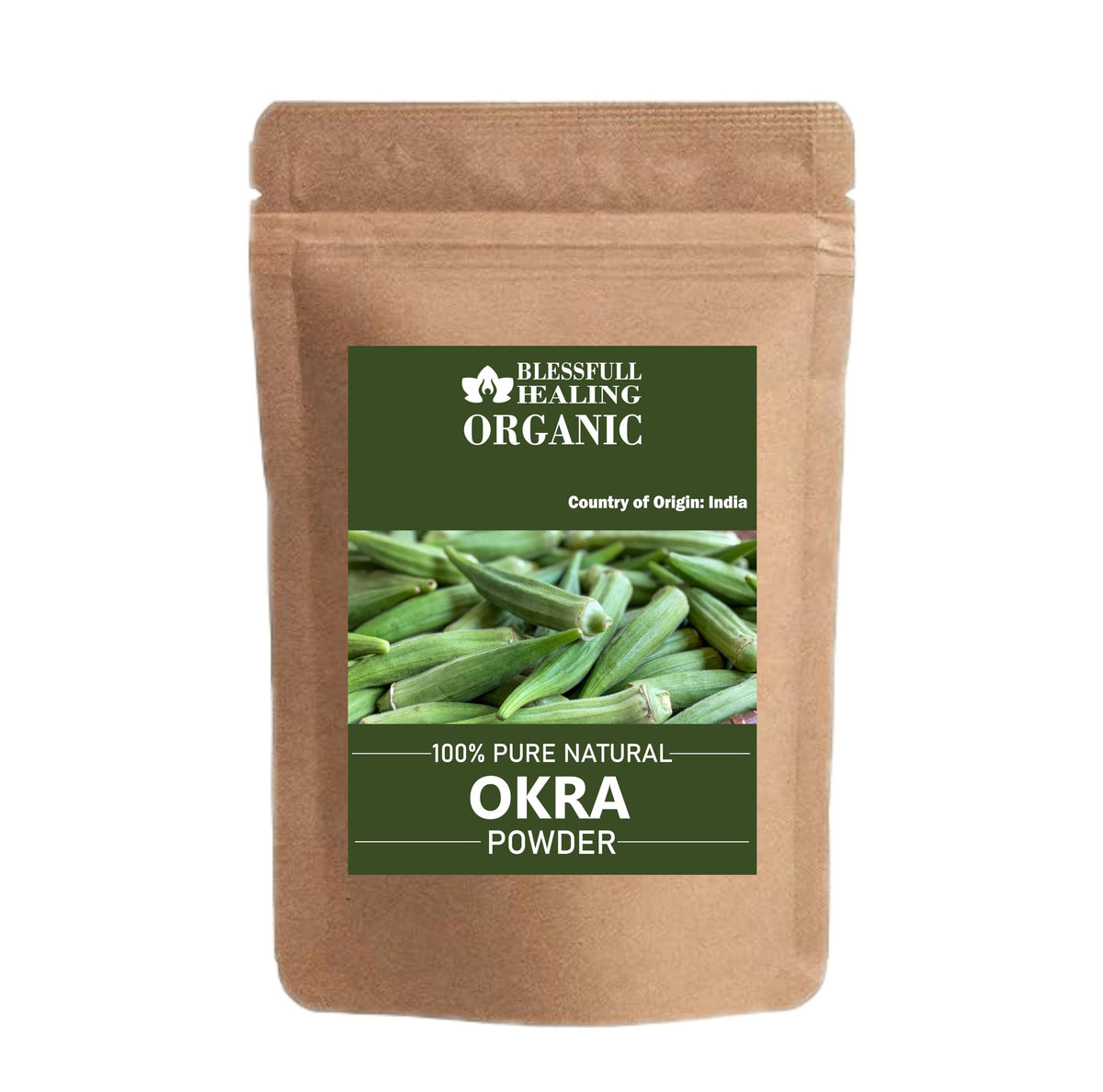 Blessfull Healing Okra Powder bottle on kitchen counter, ready for cooking