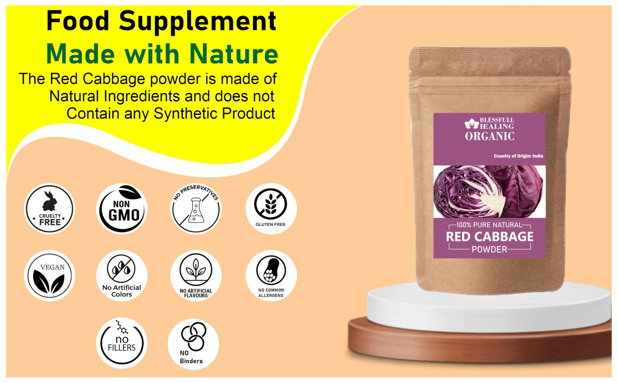 Blessfull Healing organic red cabbage powder finely ground for quick mixing into dishes.