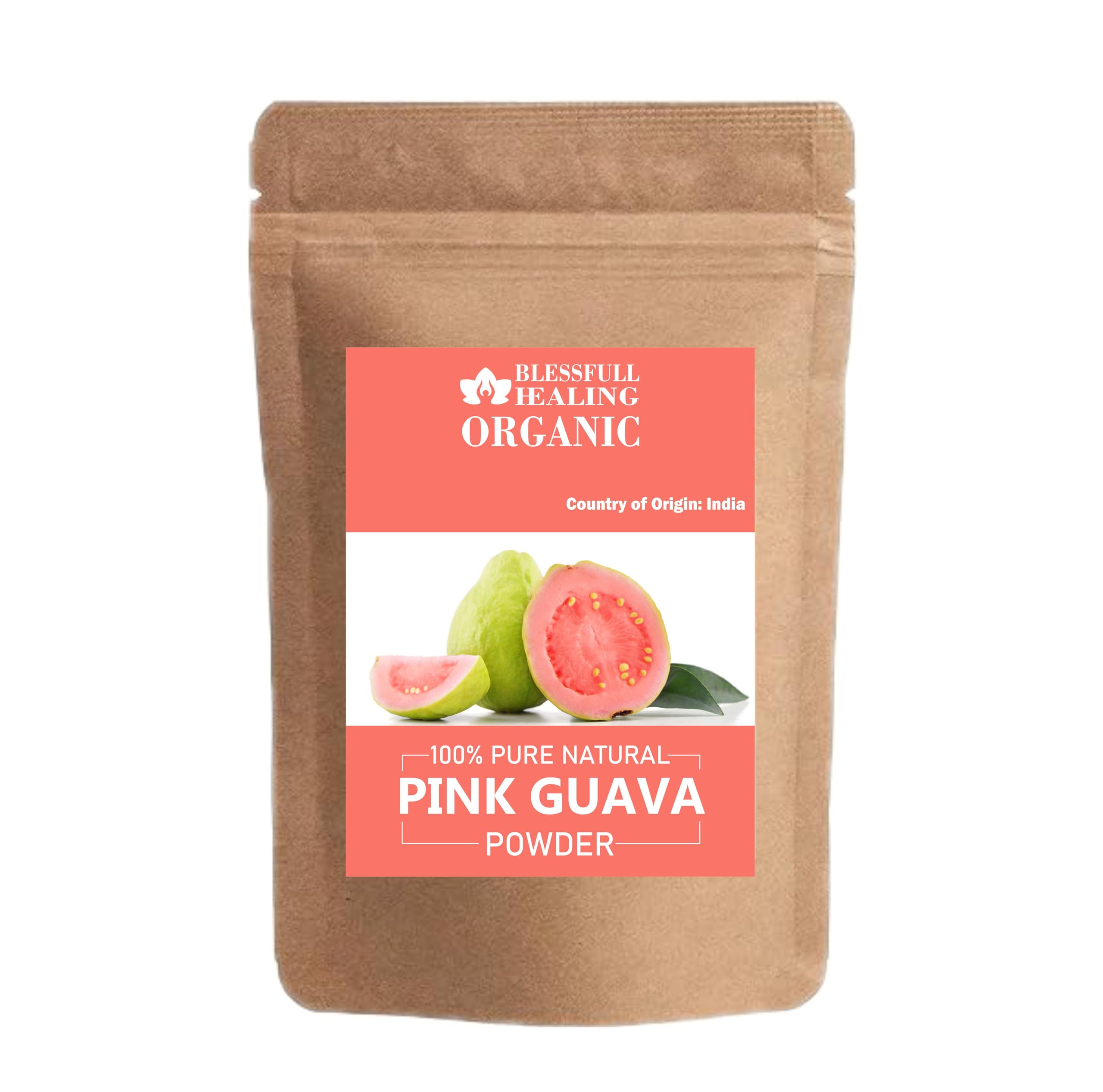 Blessfull Healing pink guava powder in 200g container, ideal for smoothies and healthy mixing.