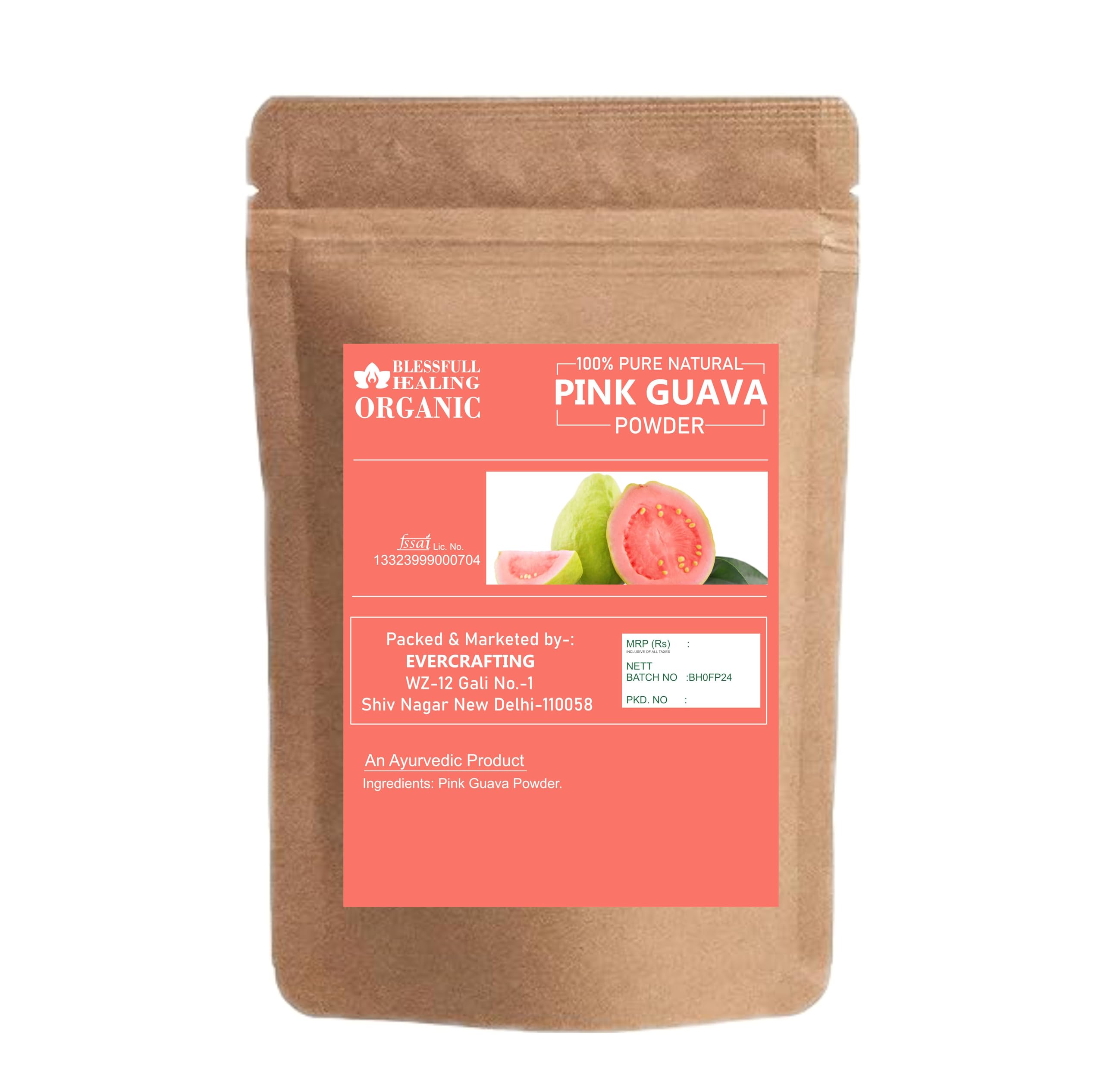 Blessfull Healing pink guava powder scoop near jar for easy measuring and recipe prep.