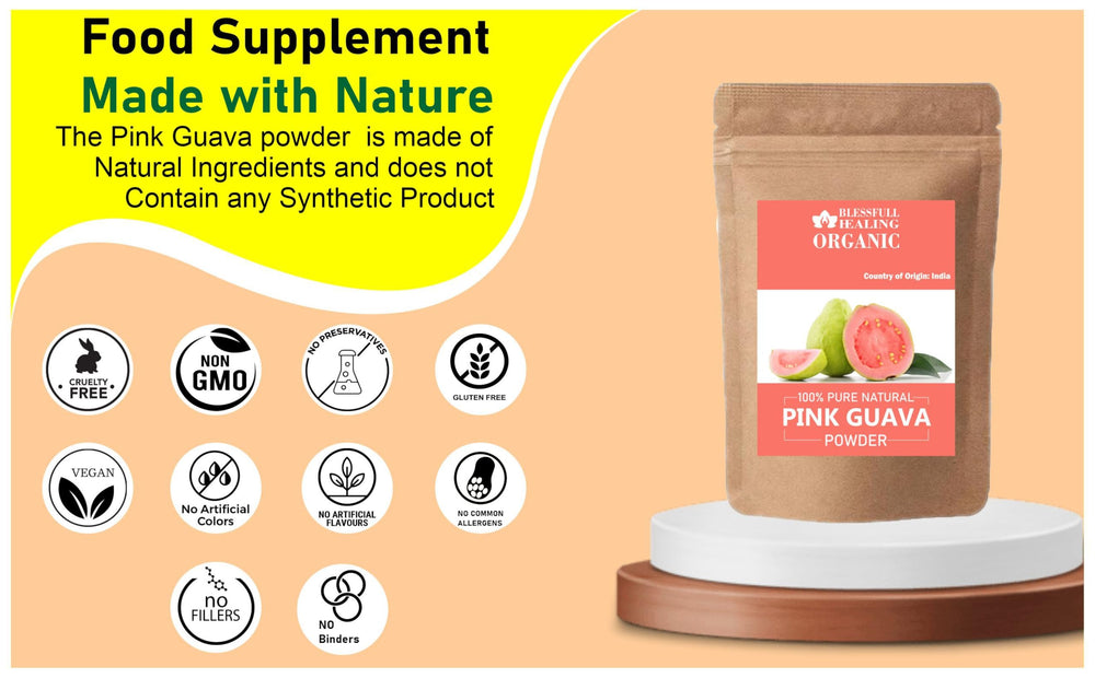 Blessfull Healing pink guava powder spoonful, easy to blend into drinks.