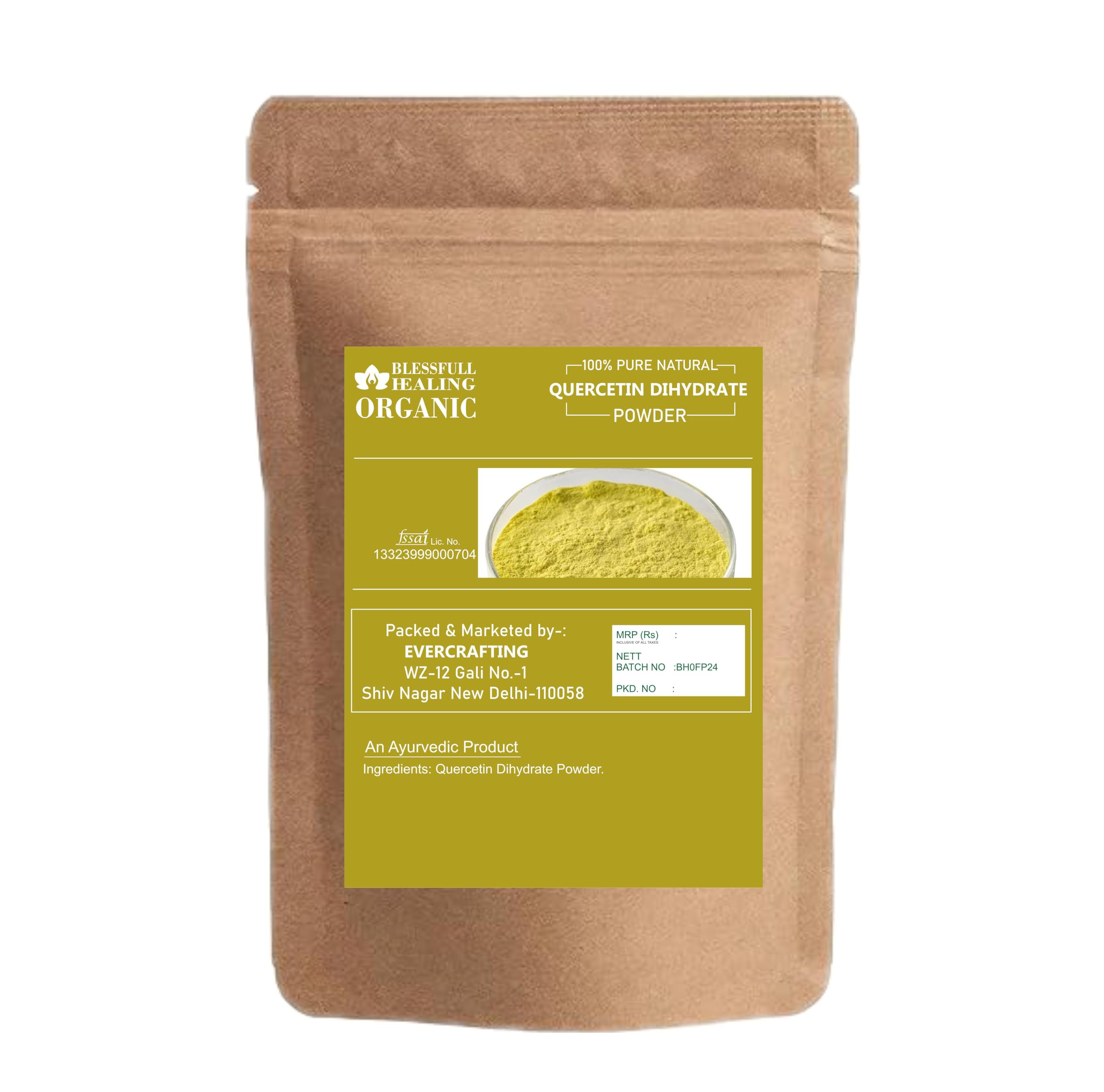 Close-up of Blessfull Healing Quercetin Dihydrate Powder showing purity
