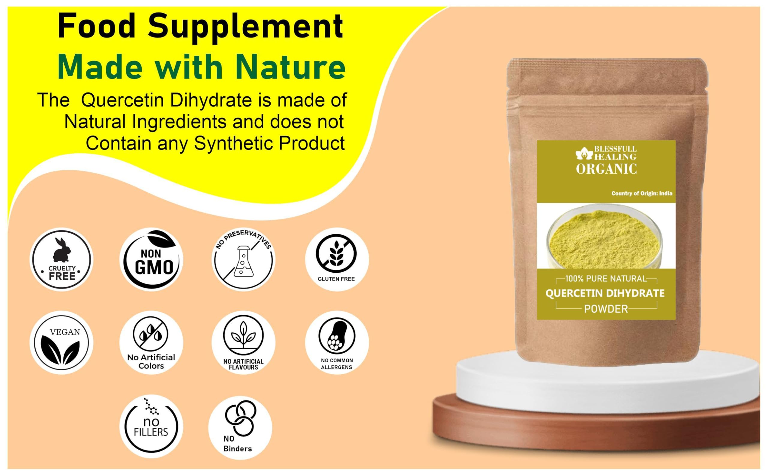 Blessfull Healing Quercetin Dyhidrate powder pouring silhouette, convenient for on-the-go use.
