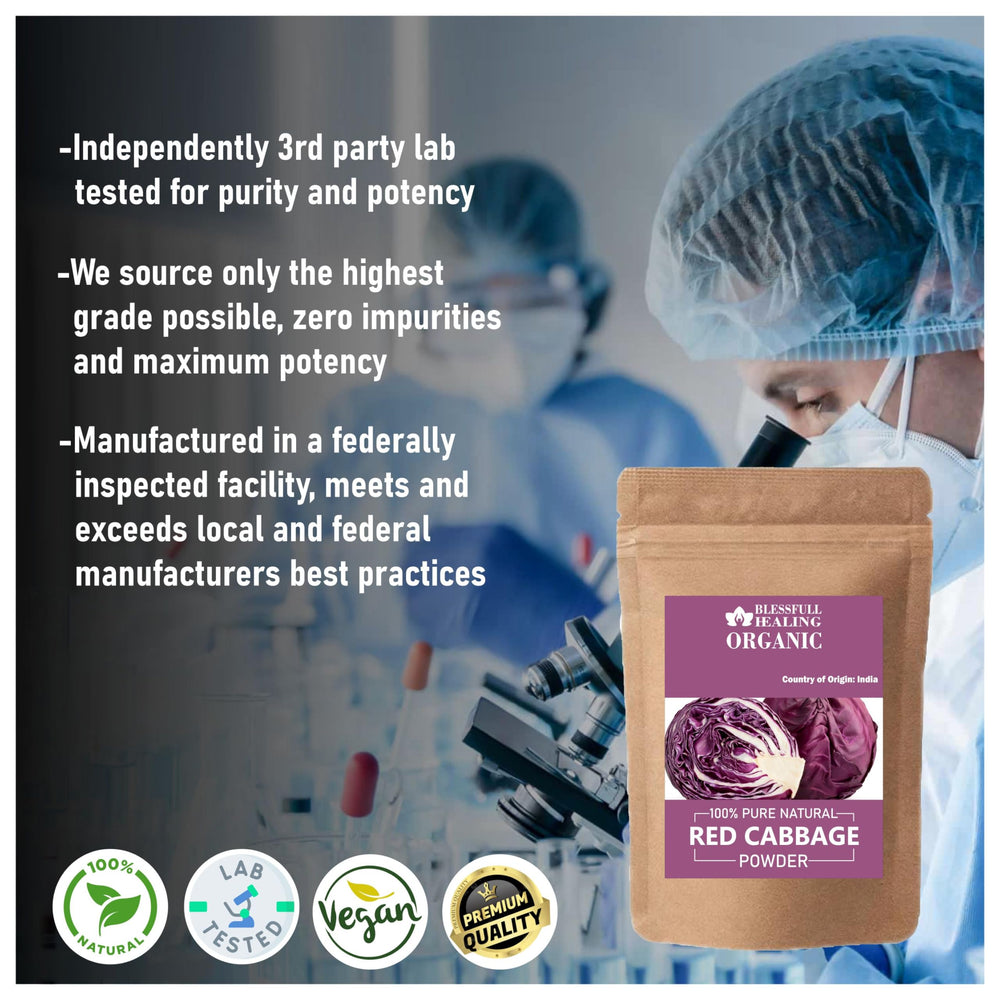 Blessfull Healing red cabbage powder being poured, ideal for smoothies and soups.