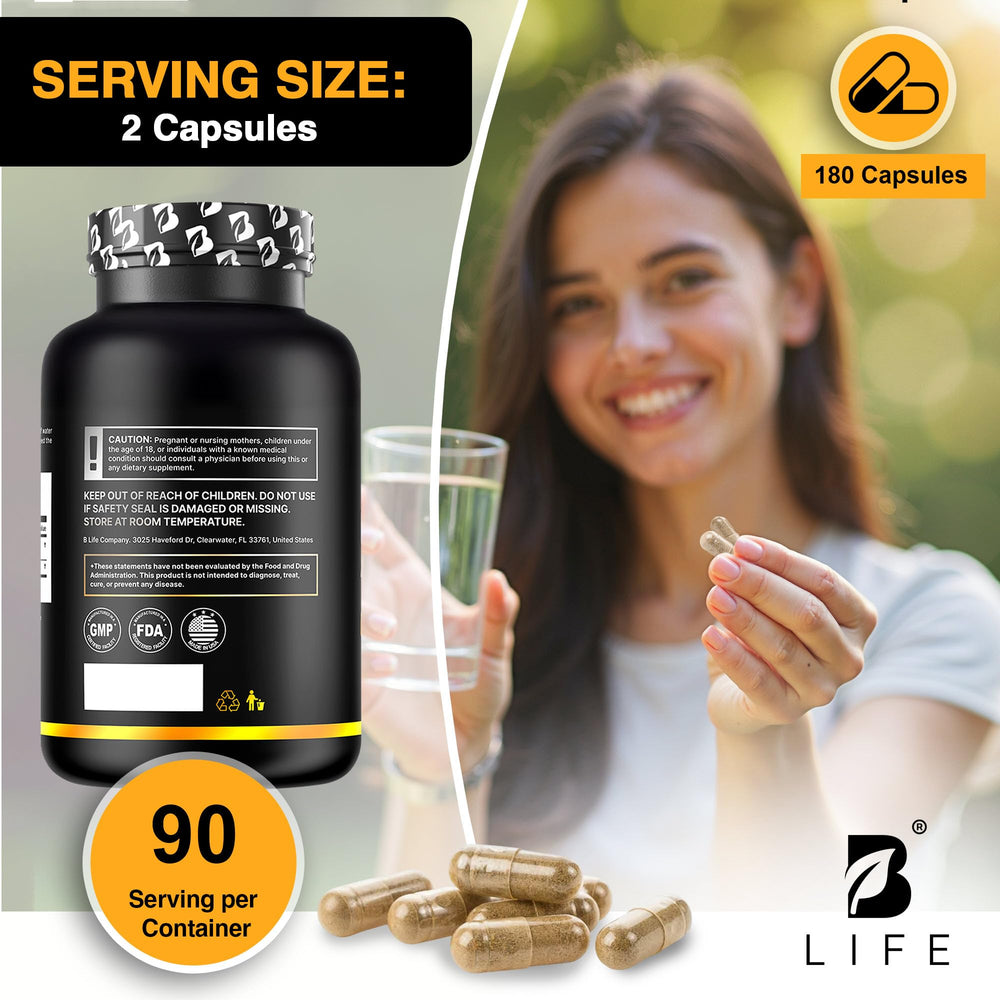 B Life Company 180 vegan capsules illustrate a 90-day supply for consistent use