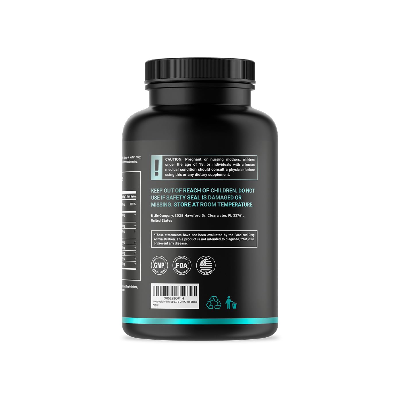 B Life Company Lion’s Mane capsules bottle back shows supplement facts