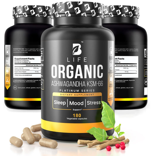 B Life Company Organic Ashwagandha KSM-66 bottle signals natural stress support at a glance