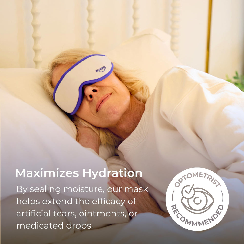 Blinkjoy Hydrating Sleep Mask protects eyes from drafts and dust while sleeping.