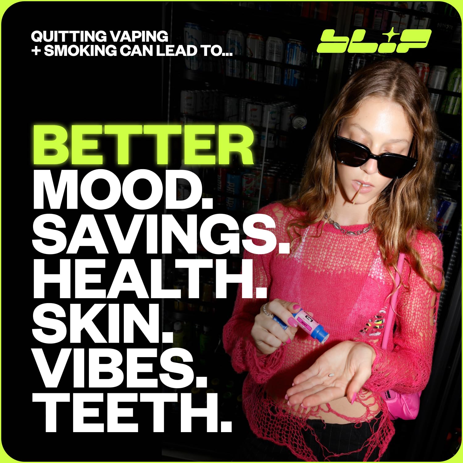 Blip NRT Fruit Freeze gum sticks shown in use scenario.