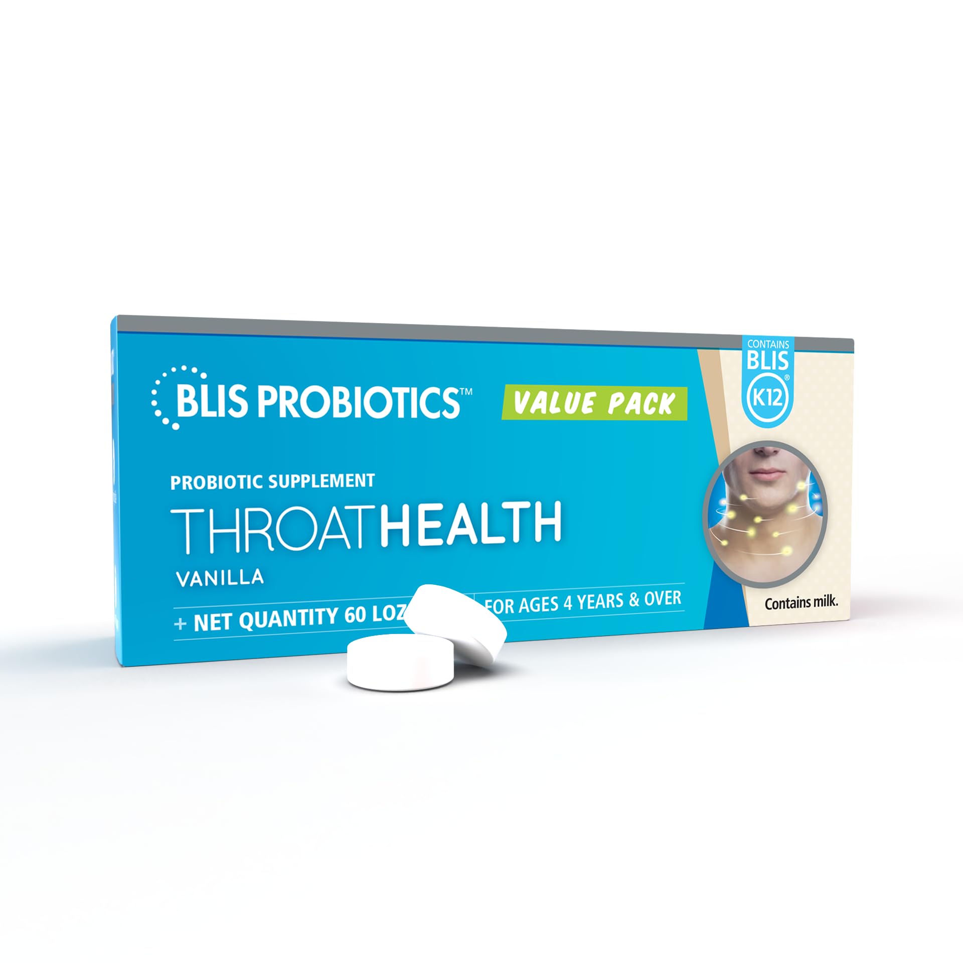 BLIS ThroatHealth vanilla lozenges close-up with soothing vanilla flavor.