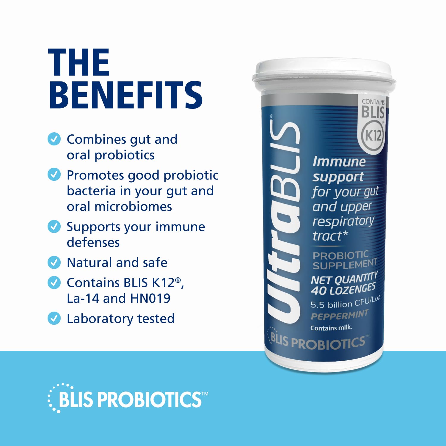 BLIS UltraBLIS 5.5B CFU emphasis on robust probiotic strains for microbiome support.