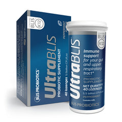 BLIS UltraBLIS packaging featuring brand and lozenges for a daily probiotic routine.
